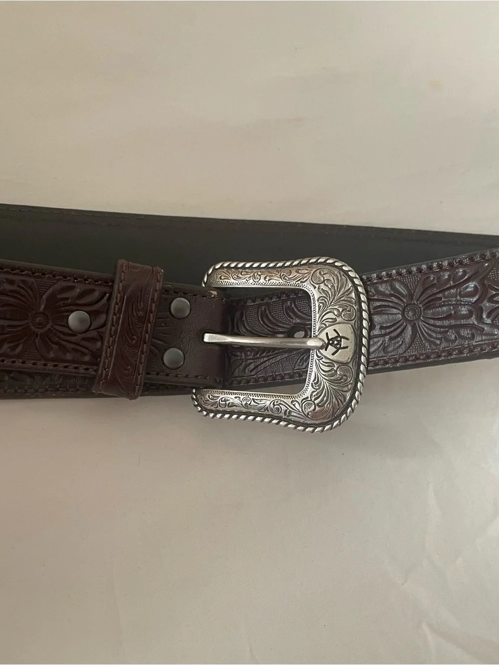 Ariat Brown Leather Tooled Western Belt with Silver Buckle